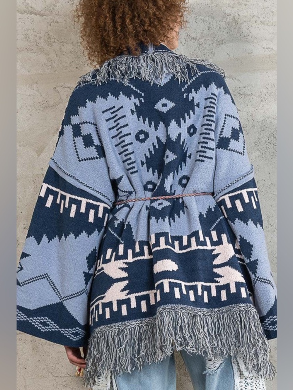 POL Indigo Blue Aztec pattern fringe chenille cardigan sweater Blue White Large - Picture 2 of 7